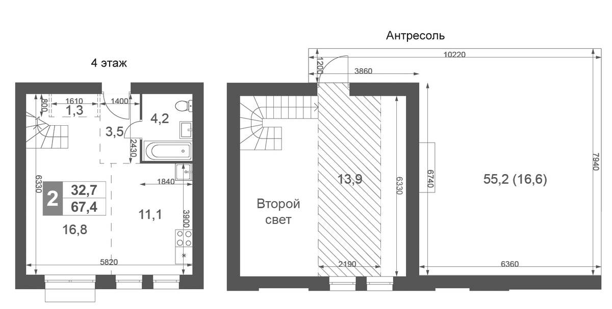 Планировка евродвушка (2Е) 67.4 м² в ЖК «Дубровицы Клаб», корпус 1.1