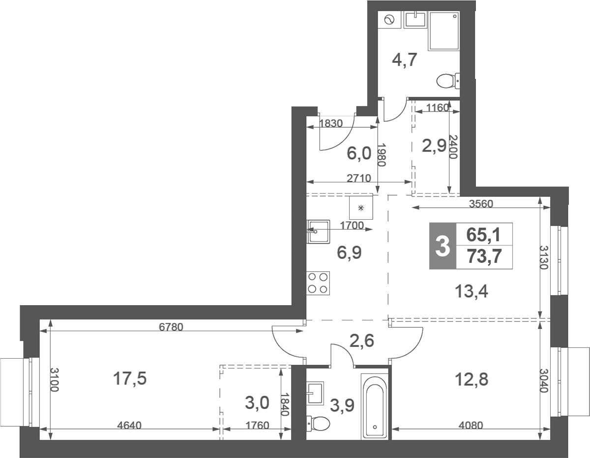 Планировка евротрёшка (3Е) 73.7 м² в ЖК «Дубровицы Клаб», корпус 1.2