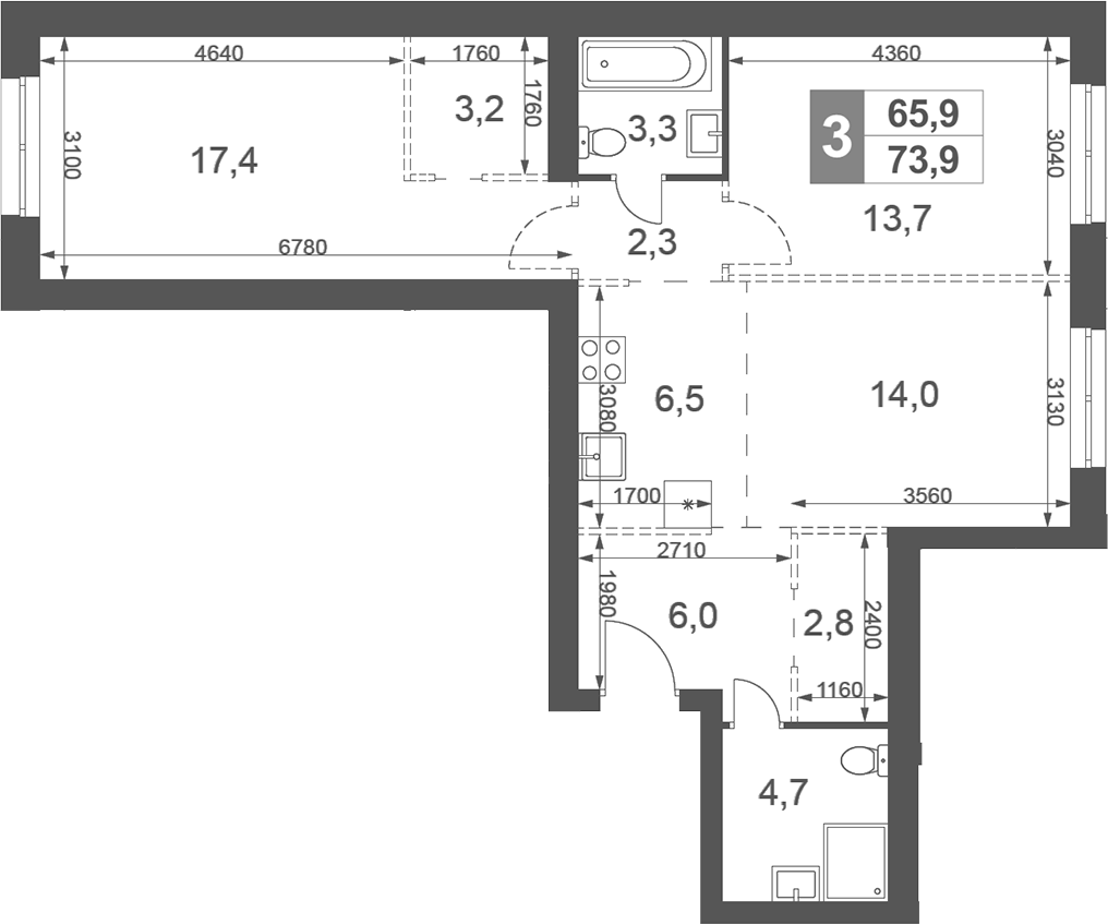 Планировка евротрёшка (3Е) 73.9 м² в ЖК «Дубровицы Клаб», корпус 1.1
