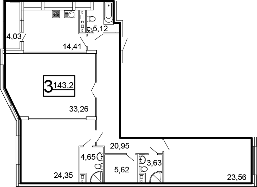 Планировка трёхкомнатная 147.03 м² в ЖК «Дубровка», корпус Ясеневая 5 к.1