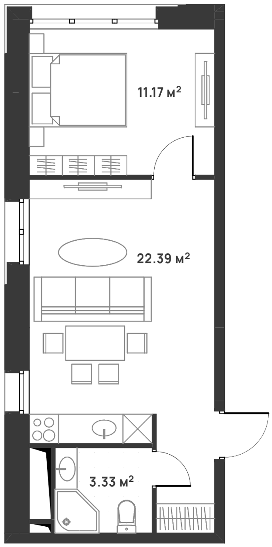 Планировка однокомнатная 36.89 м² в ЖК «Дюна», корпус 9