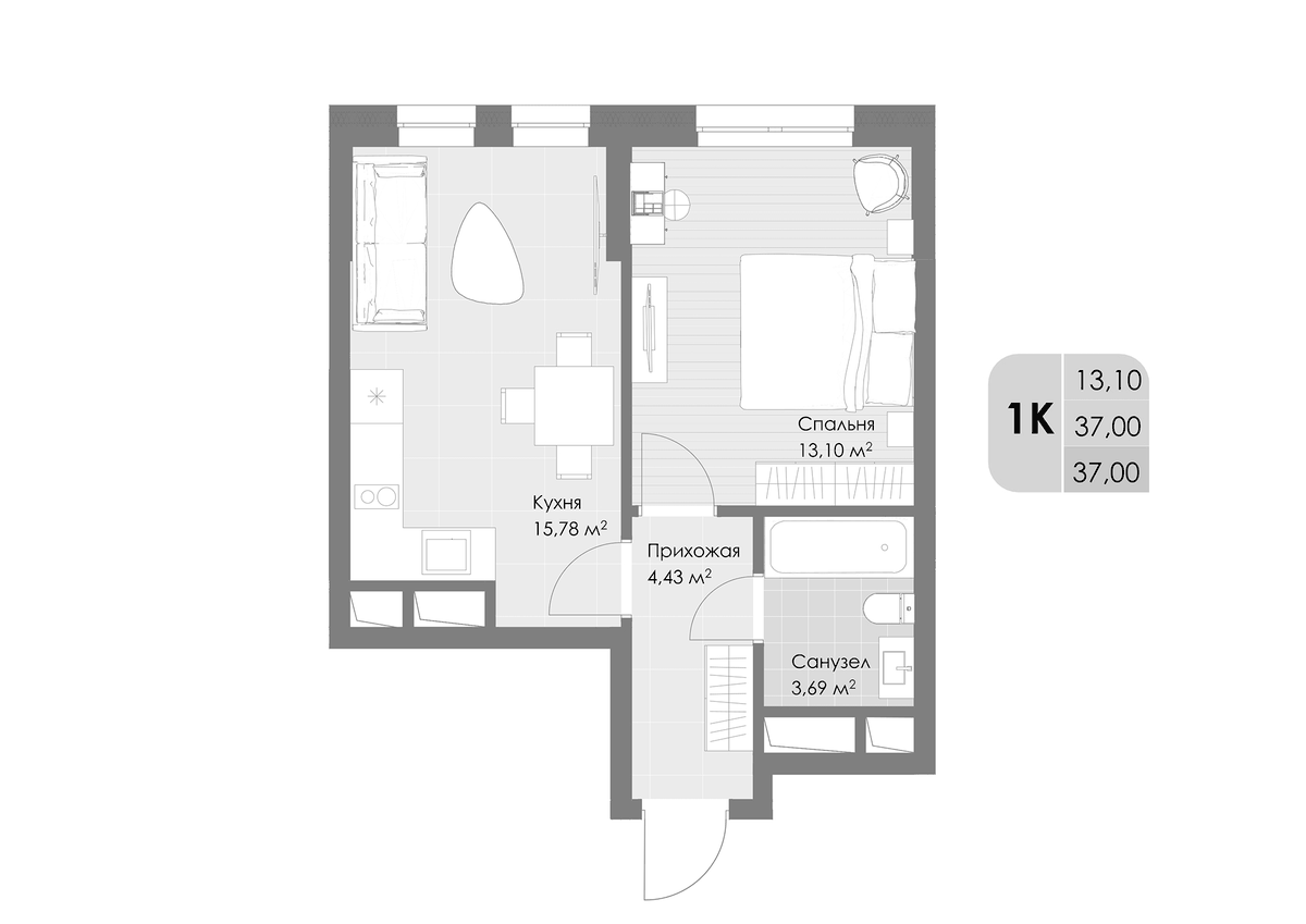 Планировка однокомнатная 37 м² в ЖК «Дюна», корпус 3