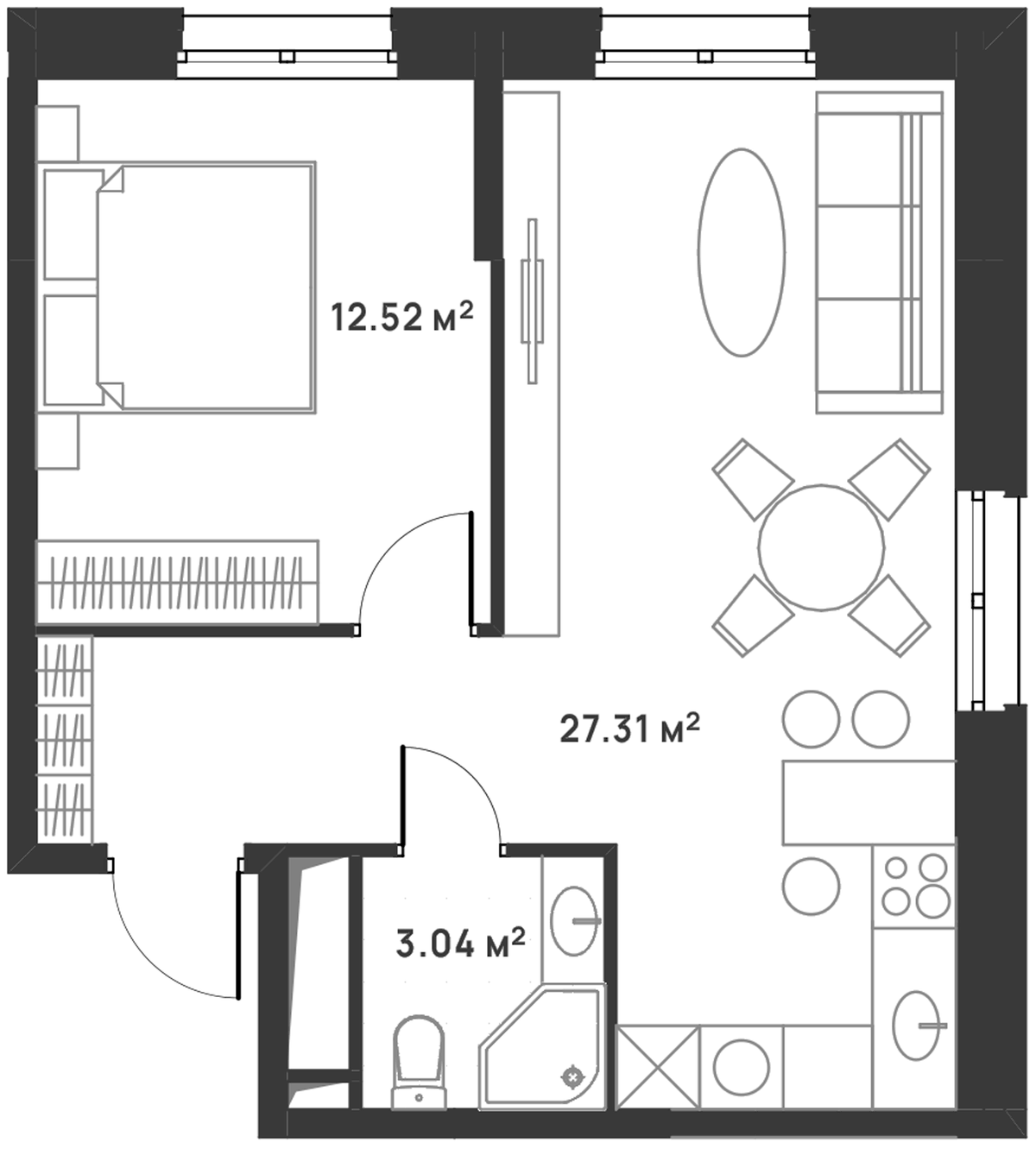 Планировка евродвушка (2Е) 42.87 м² в ЖК «Дюна», корпус 8