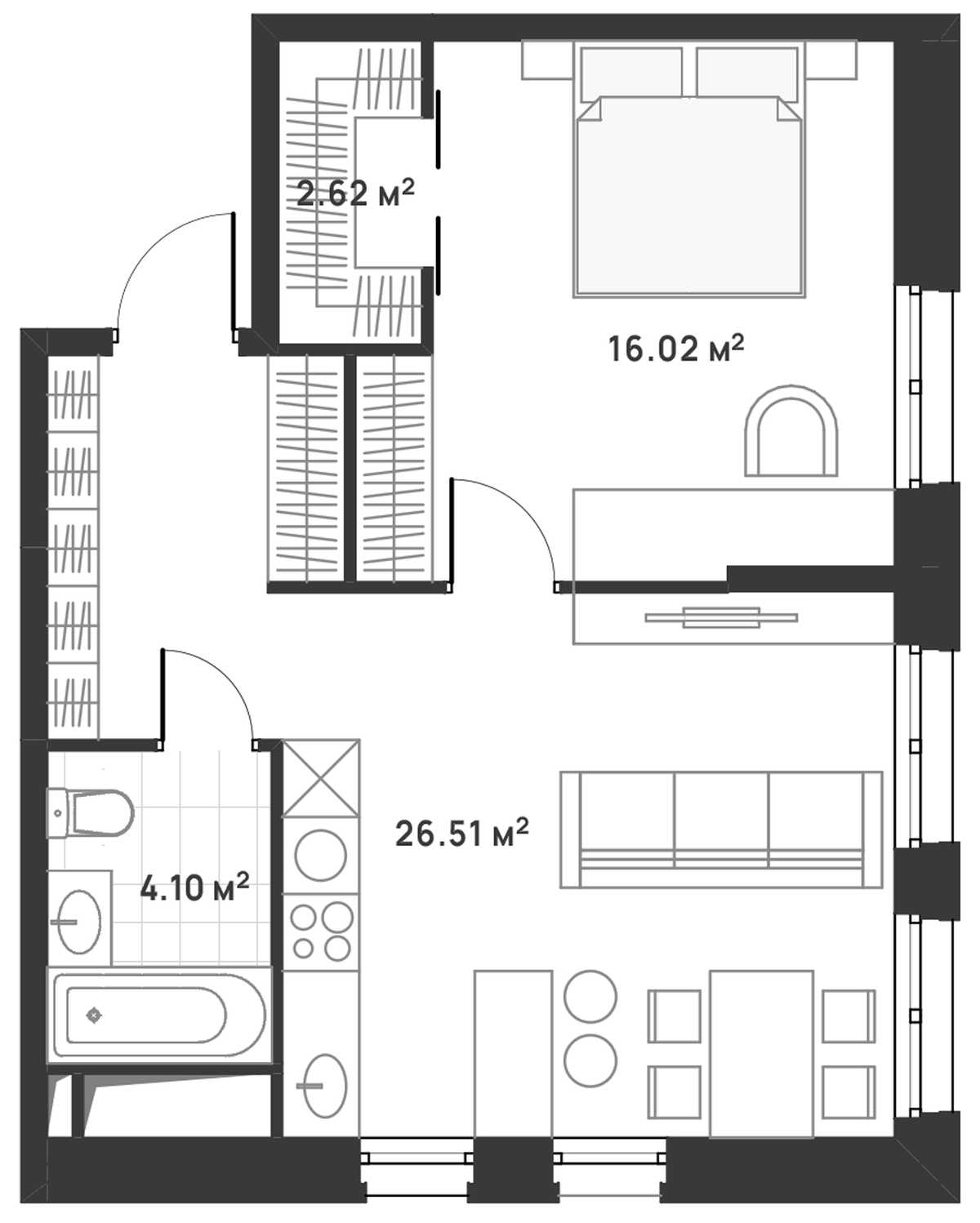 Планировка евродвушка (2Е) 49.25 м² в ЖК «Дюна», корпус 8