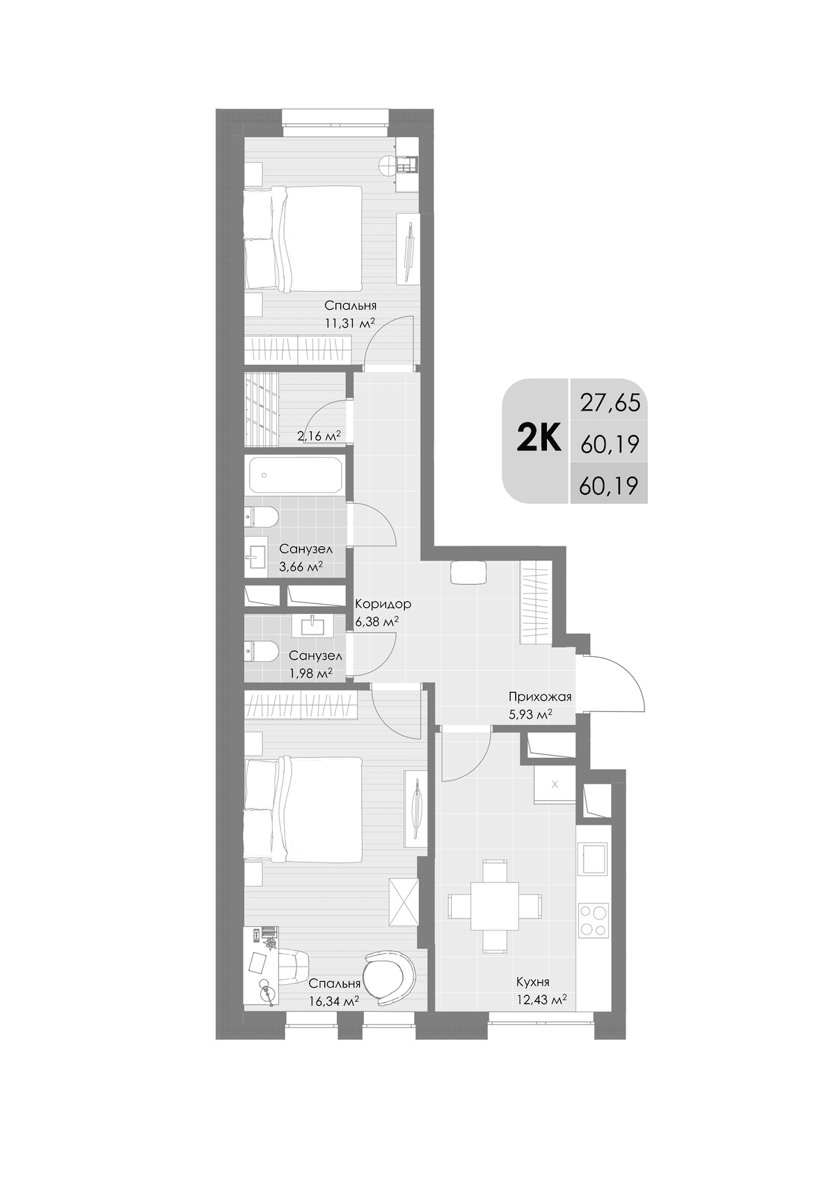 Планировка двухкомнатная 60.19 м² в ЖК «Дюна», корпус 3