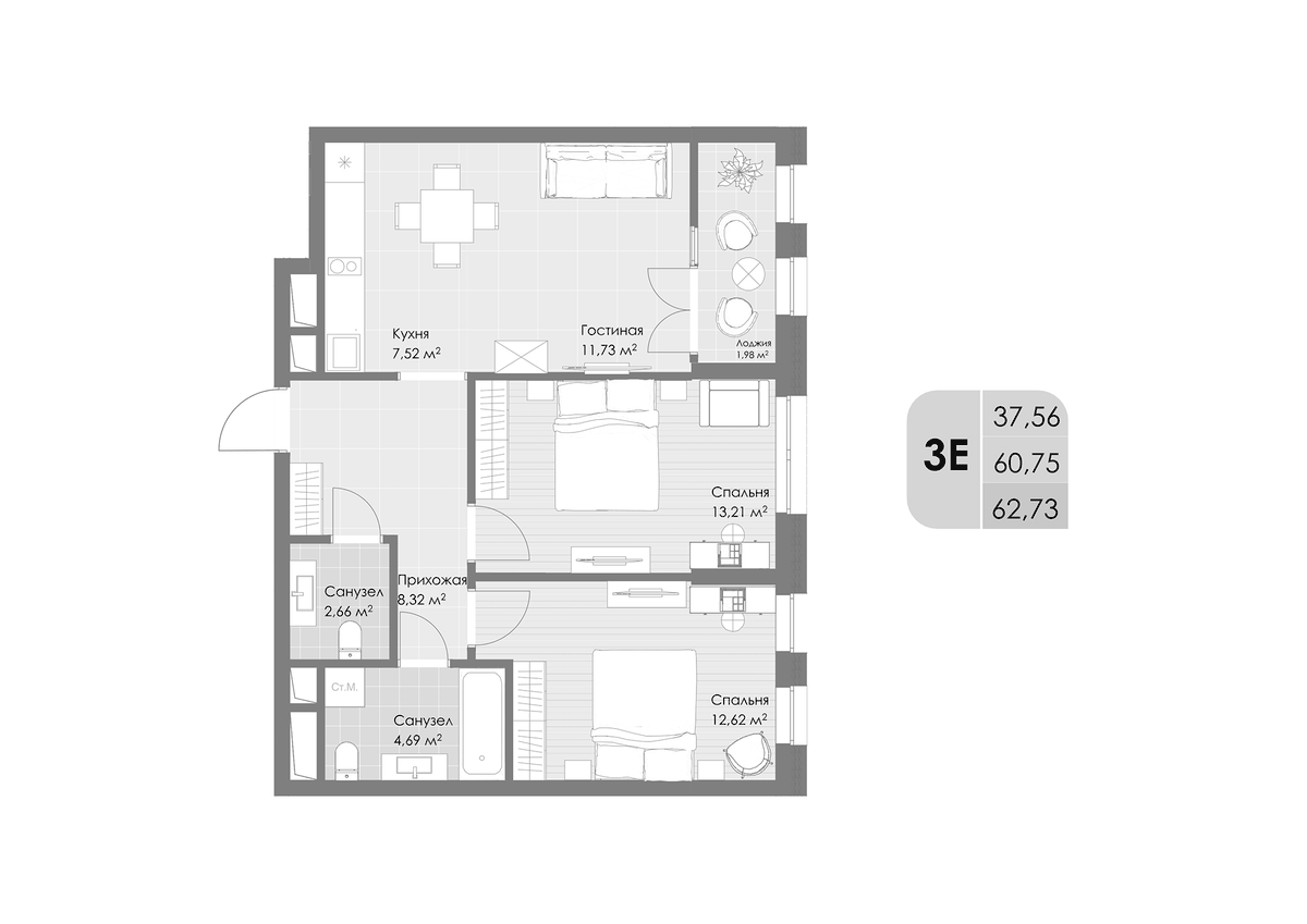 Планировка евротрёшка (3Е) 62.73 м² в ЖК «Дюна», корпус 3