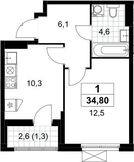 Планировка однокомнатная 34.8 м² в ЖК «Дзен-кварталы», корпус 6.2.2
