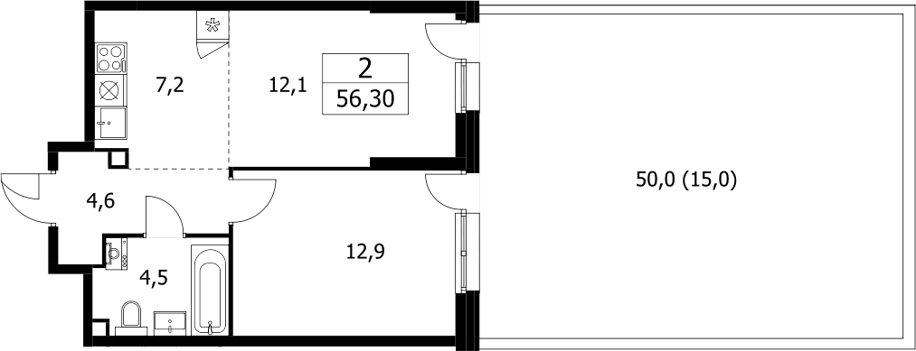Планировка евродвушка (2Е) 56.3 м² в ЖК «Дзен-кварталы», корпус 3.1