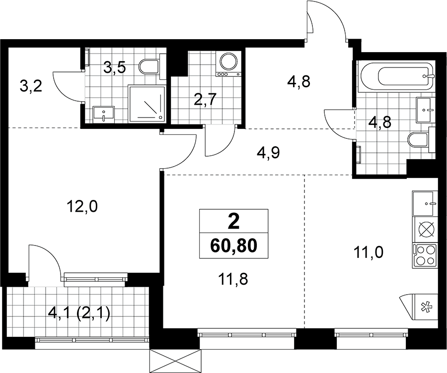 Планировка евродвушка (2Е) 60.8 м² в ЖК «Дзен-кварталы», корпус 5.1