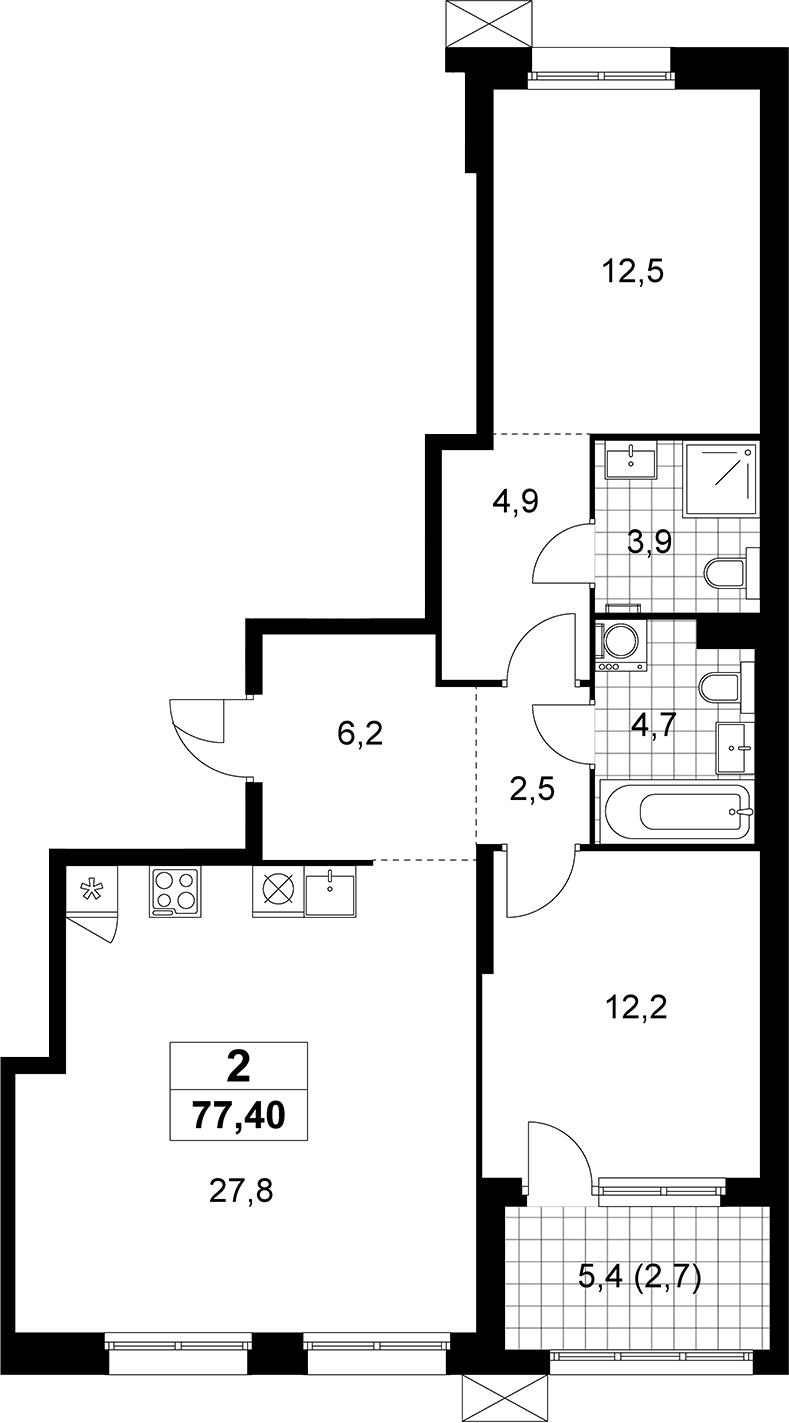 Планировка двухкомнатная 77.4 м² в ЖК «Дзен-кварталы», корпус 5.3