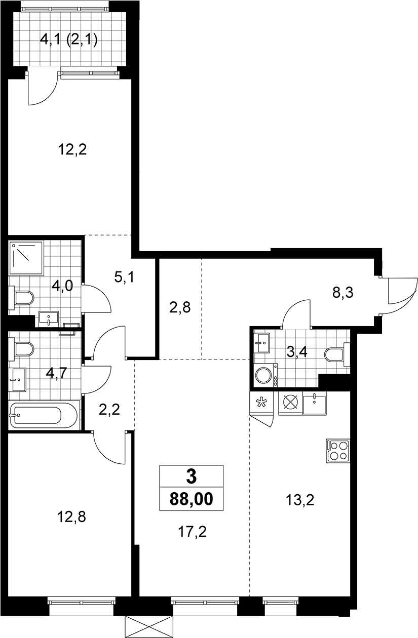 Планировка евротрёшка (3Е) 88 м² в ЖК «Дзен-кварталы», корпус 5.1