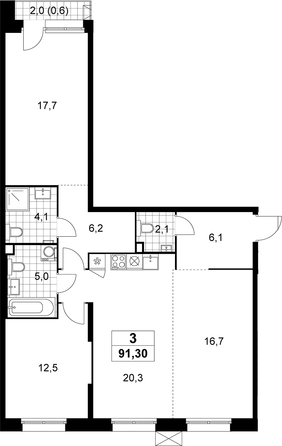 Планировка евротрёшка (3Е) 91.3 м² в ЖК «Дзен-кварталы», корпус 5.3