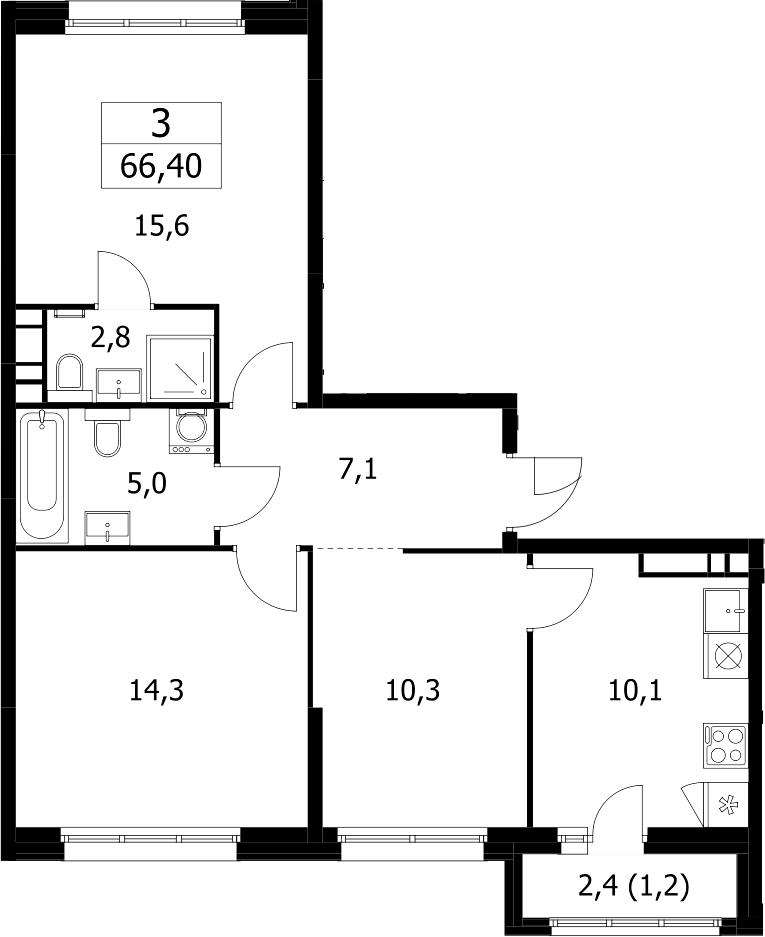 Планировка трёхкомнатная 66.4 м² в ЖК «Дзен-кварталы», корпус 3.6
