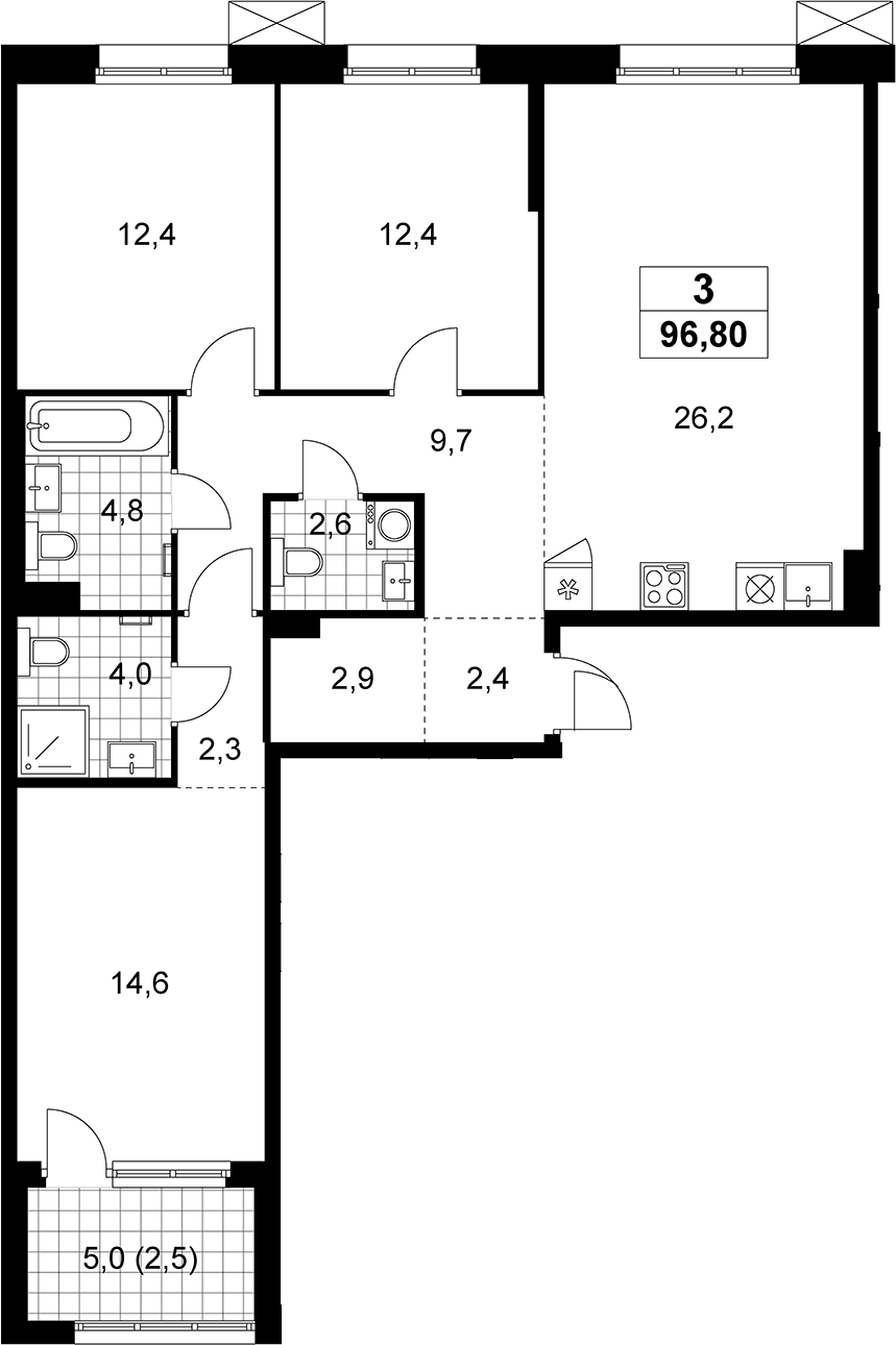 Планировка трёхкомнатная 96.8 м² в ЖК «Дзен-кварталы», корпус 5.1