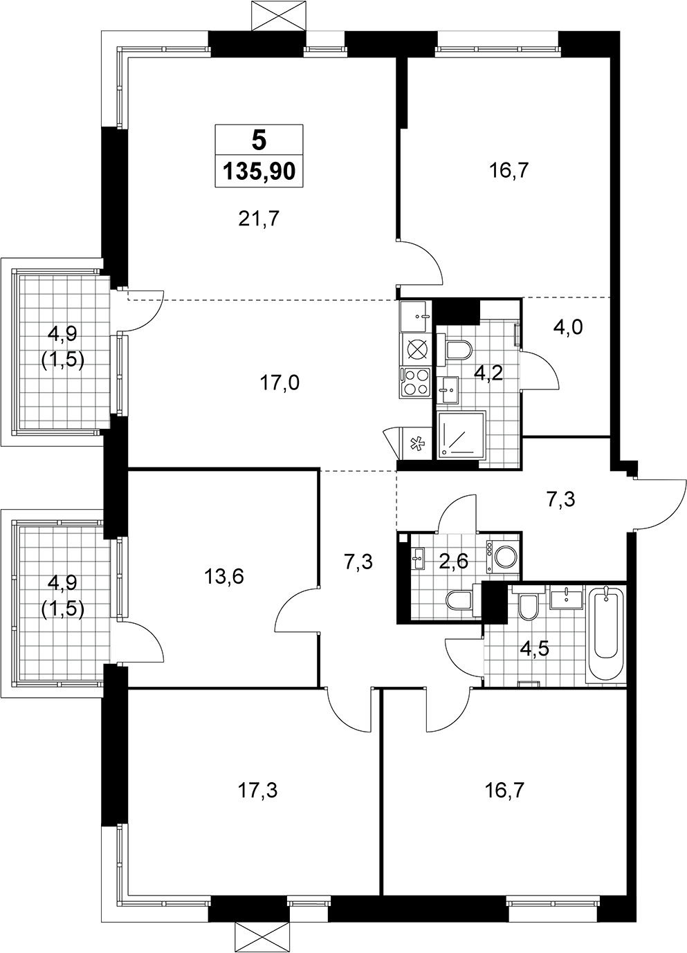 Планировка 5Е-к.кв 135.9 м² в ЖК «Дзен-кварталы», корпус 5.3
