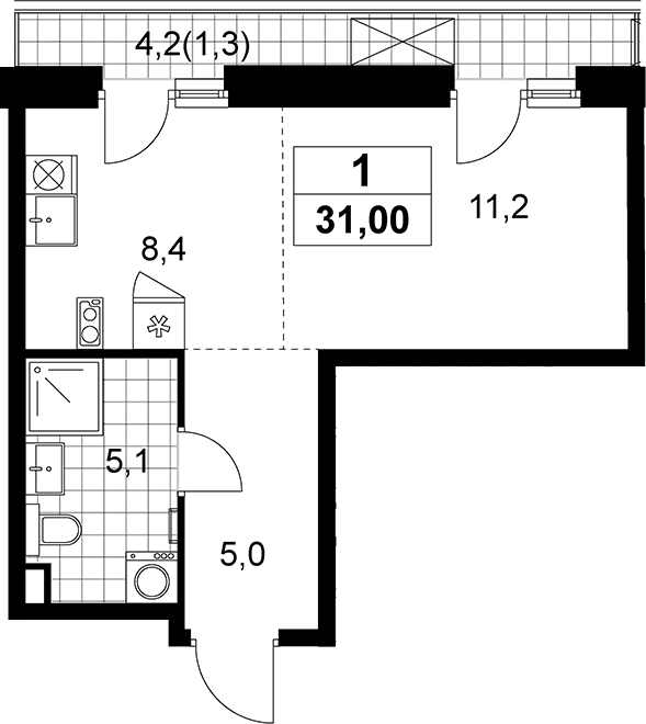 Планировка Студии 31 м² в ЖК «Дзен-кварталы», корпус 5.1