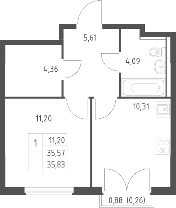 Планировка однокомнатная 35.83 м² в ЖК «Егорово парк», корпус 4.1