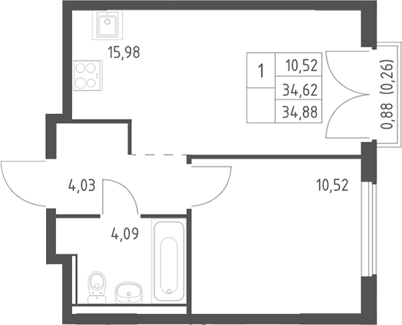 Планировка евродвушка (2Е) 34.88 м² в ЖК «Егорово парк», корпус 4.1