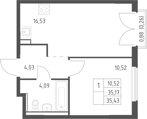 Планировка евродвушка (2Е) 35.43 м² в ЖК «Егорово парк», корпус 4.1