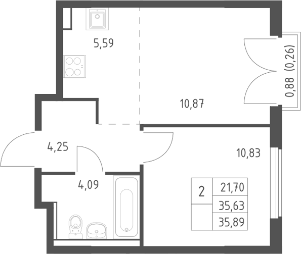 Планировка евродвушка (2Е) 35.89 м² в ЖК «Егорово парк», корпус 4.1