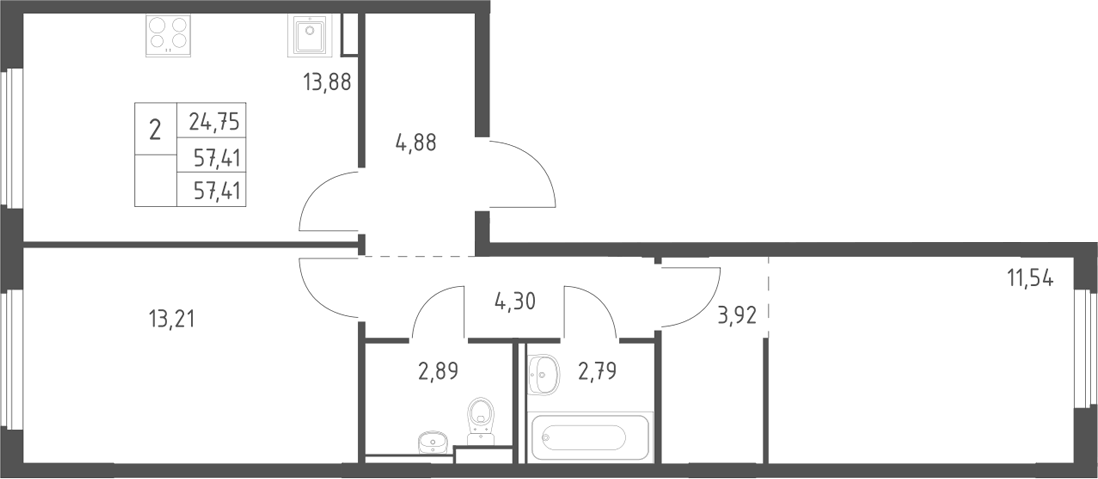 Планировка двухкомнатная 57.41 м² в ЖК «Егорово парк», корпус 4.1