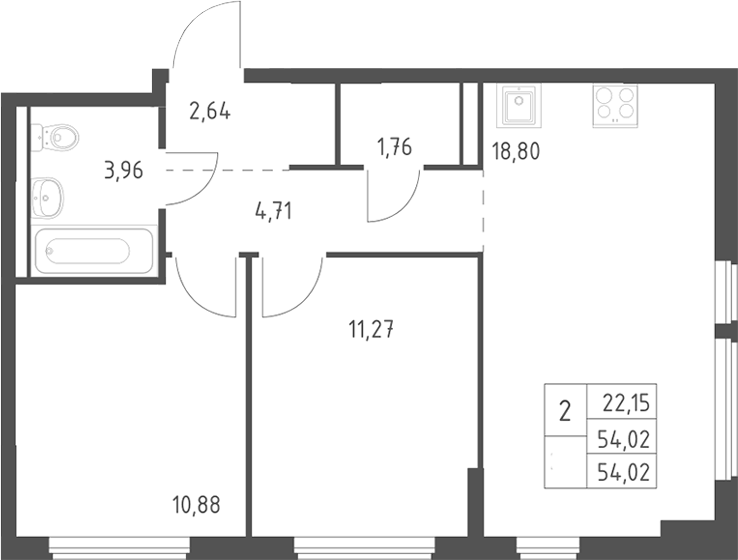 Планировка евротрёшка (3Е) 54.02 м² в ЖК «Егорово парк», корпус 4.1
