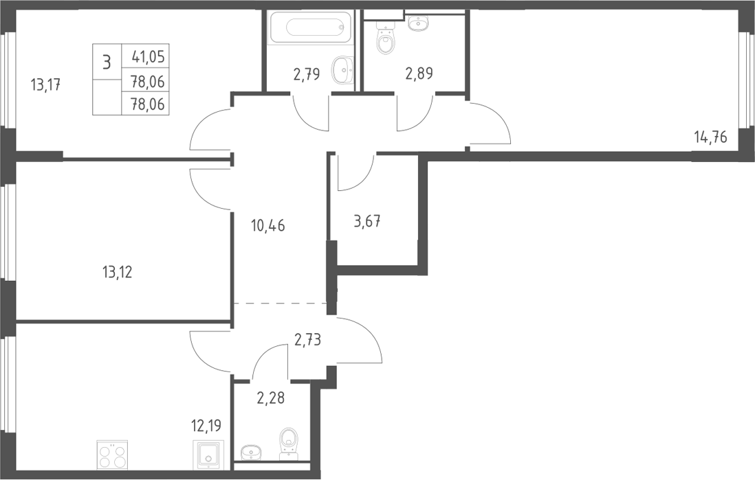 Планировка трёхкомнатная 78.06 м² в ЖК «Егорово парк», корпус 4.1