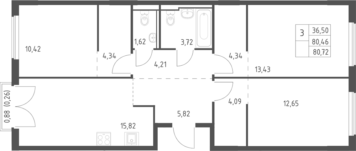 Планировка евро-4 (4Е) 80.72 м² в ЖК «Егорово парк», корпус 4.1