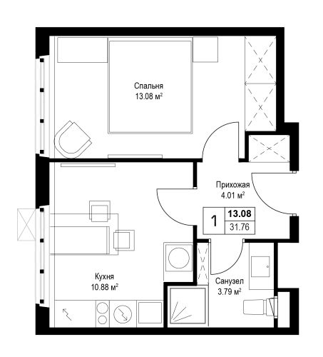 Планировка однокомнатная 31.76 м² в ЖК «У реки.Эко Видное 2.0», корпус 4 Нестеров