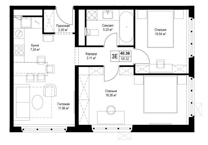 Планировка евротрёшка (3Е) 58.32 м² в ЖК «У реки.Эко Видное 2.0», корпус 4 Нестеров