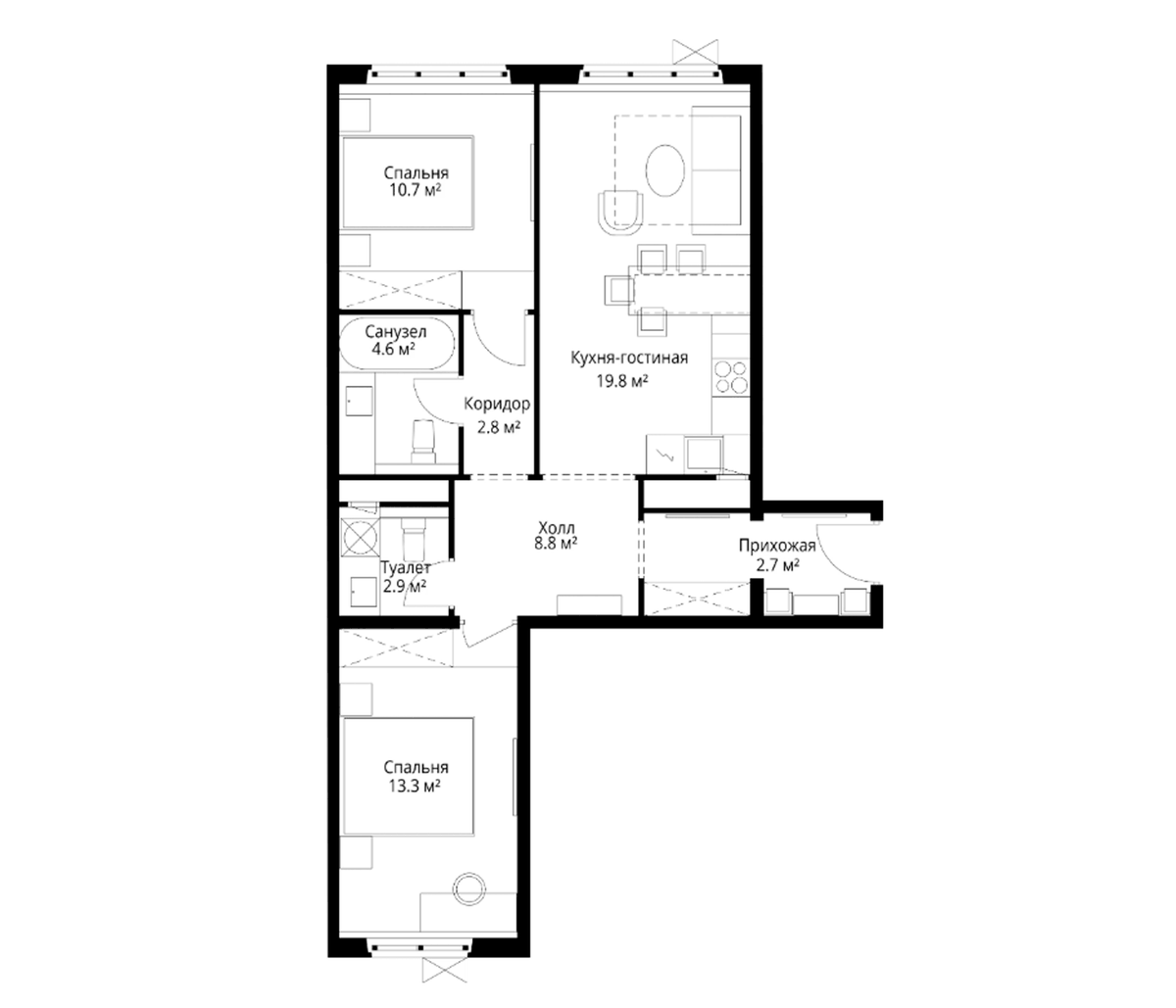 Планировка евротрёшка (3Е) 65.6 м² в ЖК «У реки.Эко Видное 2.0», корпус 4 Нестеров
