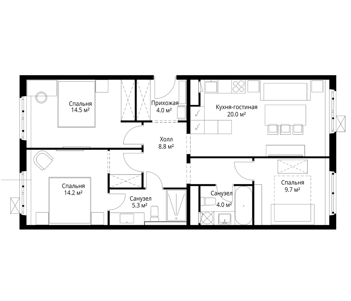 Планировка евро-4 (4Е) 80.5 м² в ЖК «У реки.Эко Видное 2.0», корпус 4 Нестеров
