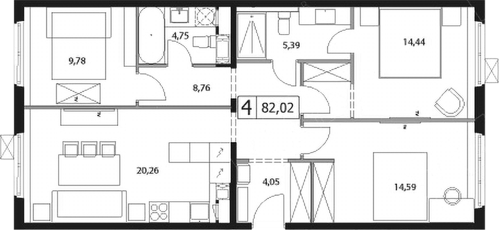 Планировка евро-4 (4Е) 82.02 м² в ЖК «У реки.Эко Видное 2.0», корпус 6 Левитан