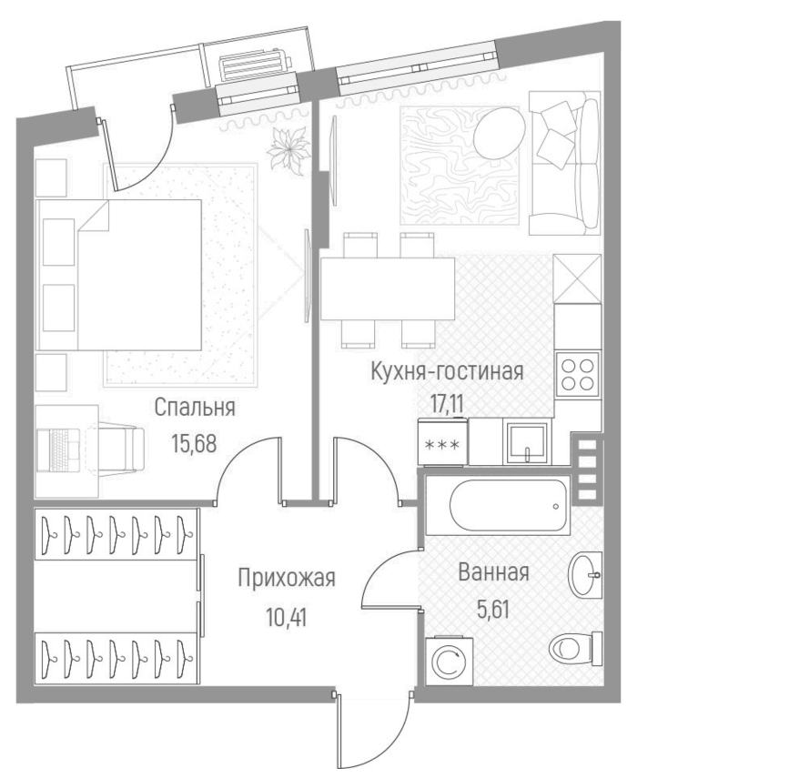Планировка однокомнатная 48.8 м² в ЖК «Эльйон», корпус 1