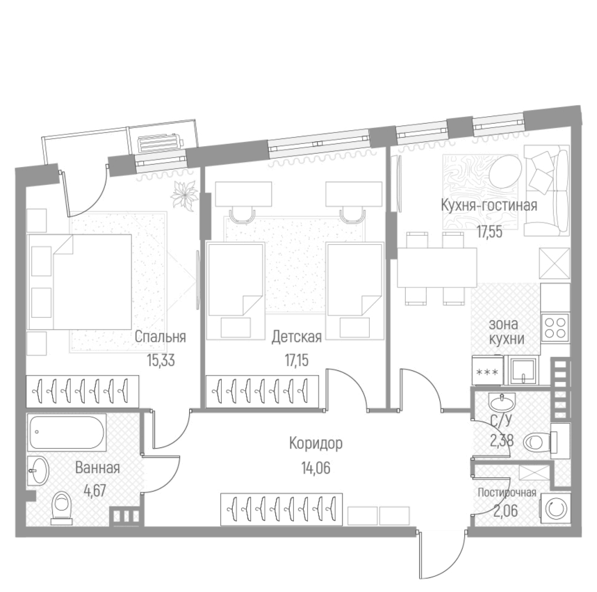 Планировка двухкомнатная 72.9 м² в ЖК «Эльйон», корпус 1