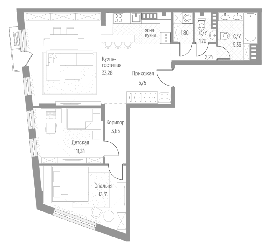 Планировка двухкомнатная 78.6 м² в ЖК «Эльйон», корпус 1