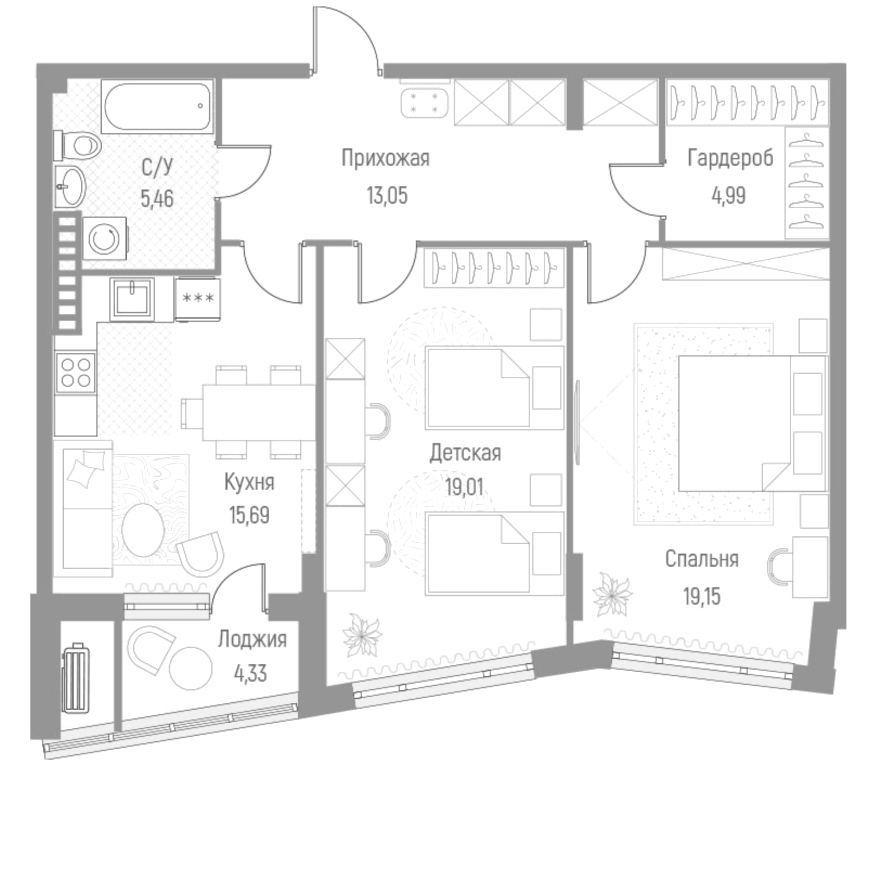 Планировка двухкомнатная 79.5 м² в ЖК «Эльйон», корпус 1