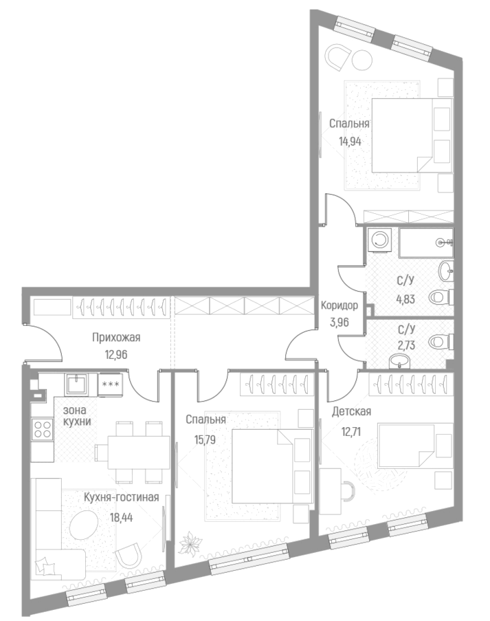 Планировка трёхкомнатная 86.3 м² в ЖК «Эльйон», корпус 1