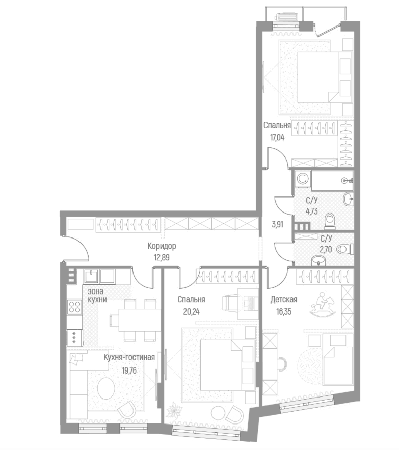 Планировка трёхкомнатная 97.6 м² в ЖК «Эльйон», корпус 1