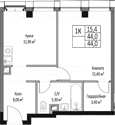 Планировка однокомнатная 44 м² в ЖК «ЭМОУШН», корпус 4