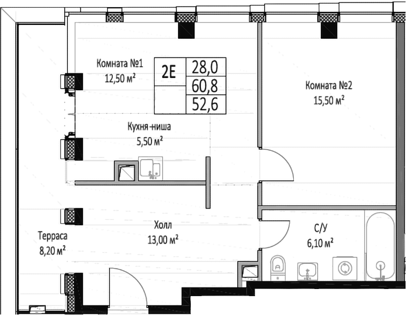 Планировка евродвушка (2Е) 60.8 м² в ЖК «ЭМОУШН», корпус 4