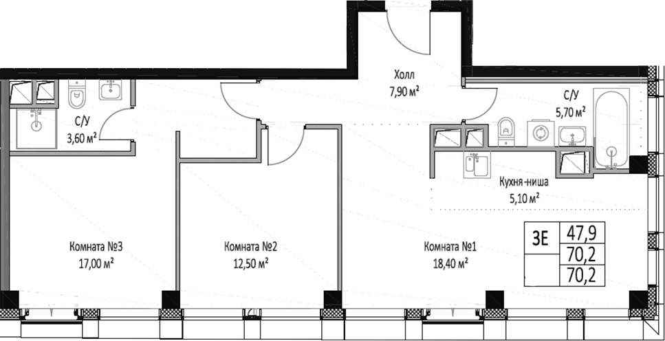 Планировка евротрёшка (3Е) 70.2 м² в ЖК «ЭМОУШН», корпус 4
