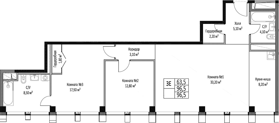 Планировка евротрёшка (3Е) 96.5 м² в ЖК «ЭМОУШН», корпус 3