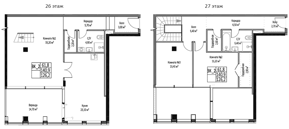 Планировка трёхкомнатная 140.9 м² в ЖК «ЭМОУШН», корпус 3