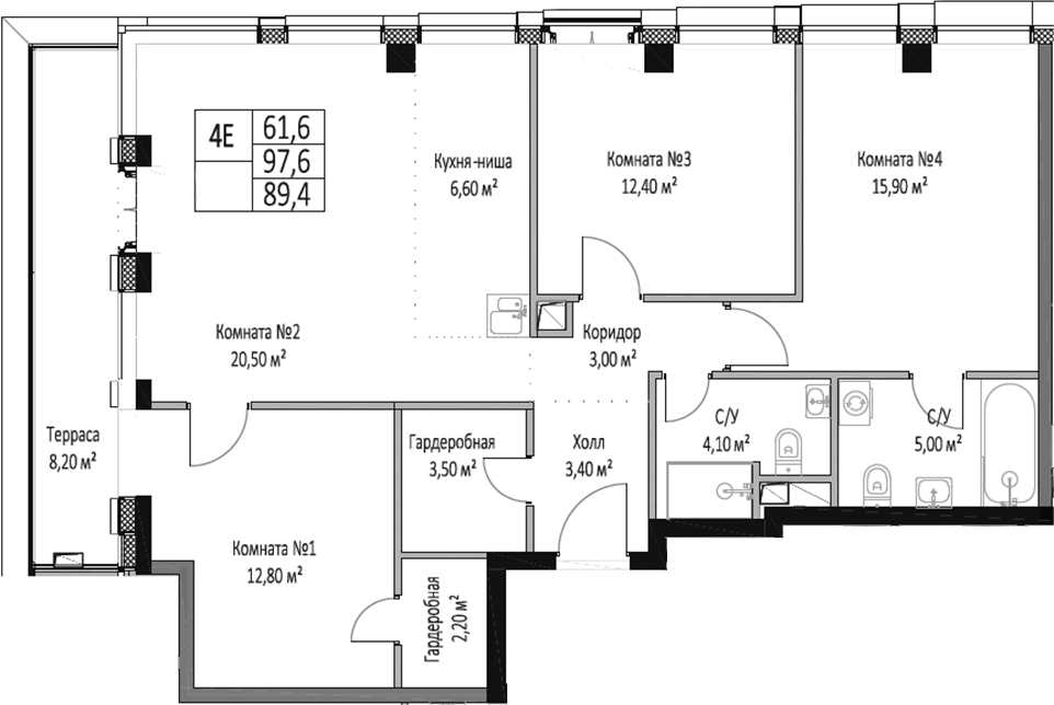 Планировка евро-4 (4Е) 97.6 м² в ЖК «ЭМОУШН», корпус 4