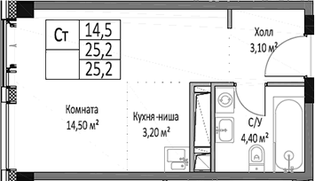Планировка Студии 25.2 м² в ЖК «ЭМОУШН», корпус 1