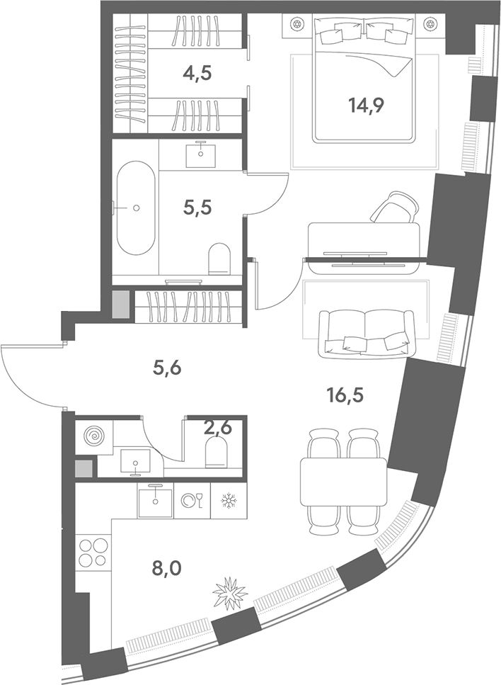 Планировка евродвушка (2Е) 57.6 м² в ЖК «Энигмия», корпус 1