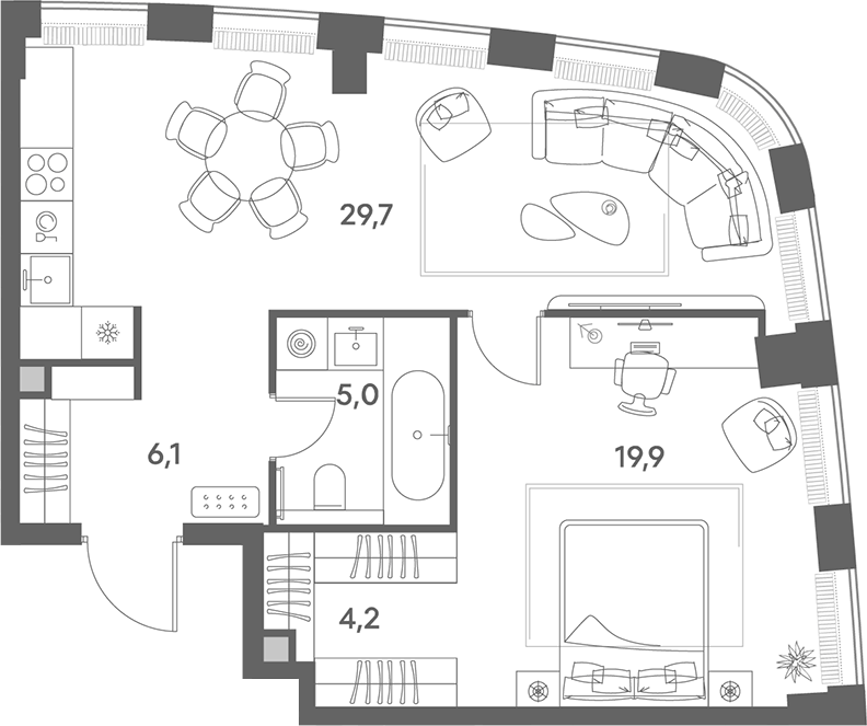 Планировка евродвушка (2Е) 64.9 м² в ЖК «Энигмия», корпус 1