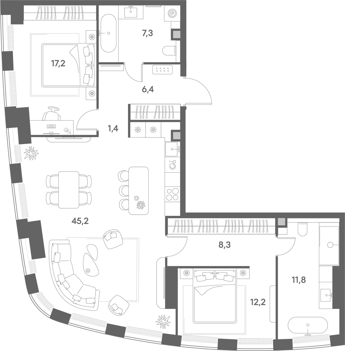 Планировка евротрёшка (3Е) 109.8 м² в ЖК «Энигмия», корпус 1