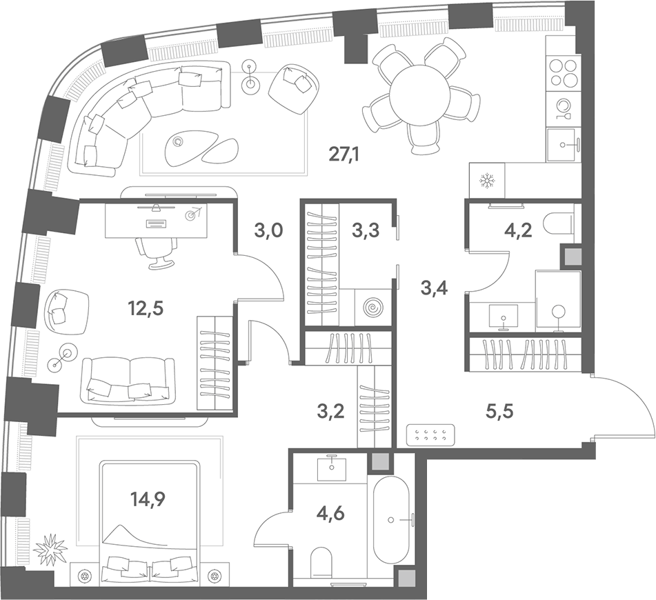 Планировка евротрёшка (3Е) 81.7 м² в ЖК «Энигмия», корпус 1